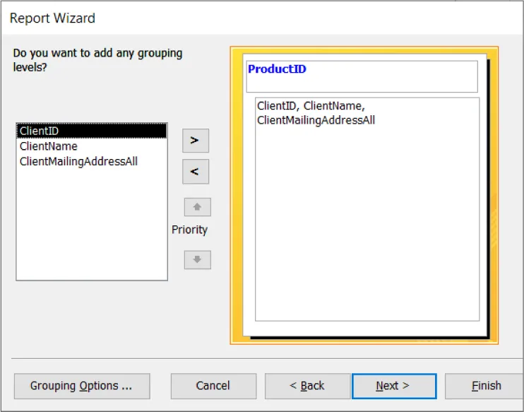Report Wizard pane reads: Do you want to add any grouping levels? ClientID selected. Product ID pane lists: ClientID, ClinetName, ClientMailingAddressAll. Left, Right, Top/Bottom arrows with Priority in between visible between panes.