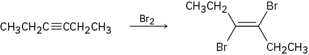A C6 internal alkyne reacts with bromine to form a trans dibromoalkene