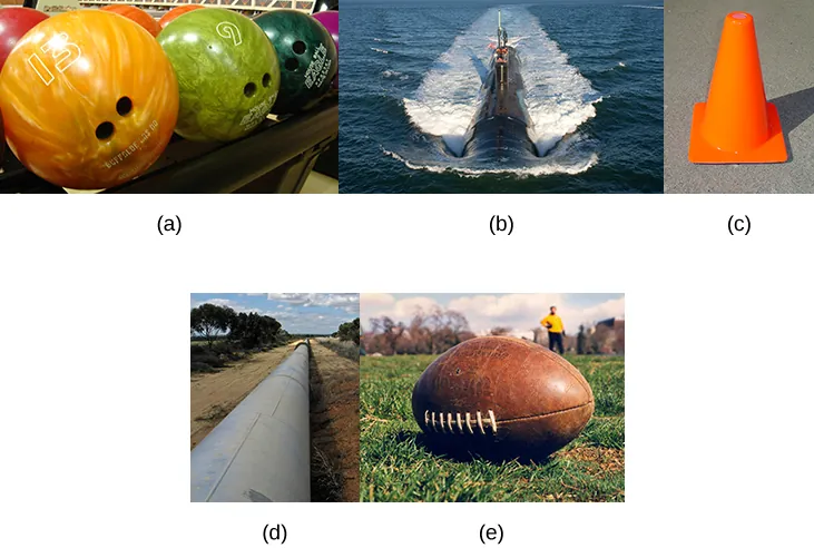 Esta figura tiene 5 imágenes. La primera imagen muestra bolas de boliche. La segunda imagen es un submarino que viaja por la superficie del océano. La tercera imagen es un cono de tráfico. La cuarta imagen es un oleoducto que atraviesa un terreno baldío. La quinta imagen es un balón de fútbol