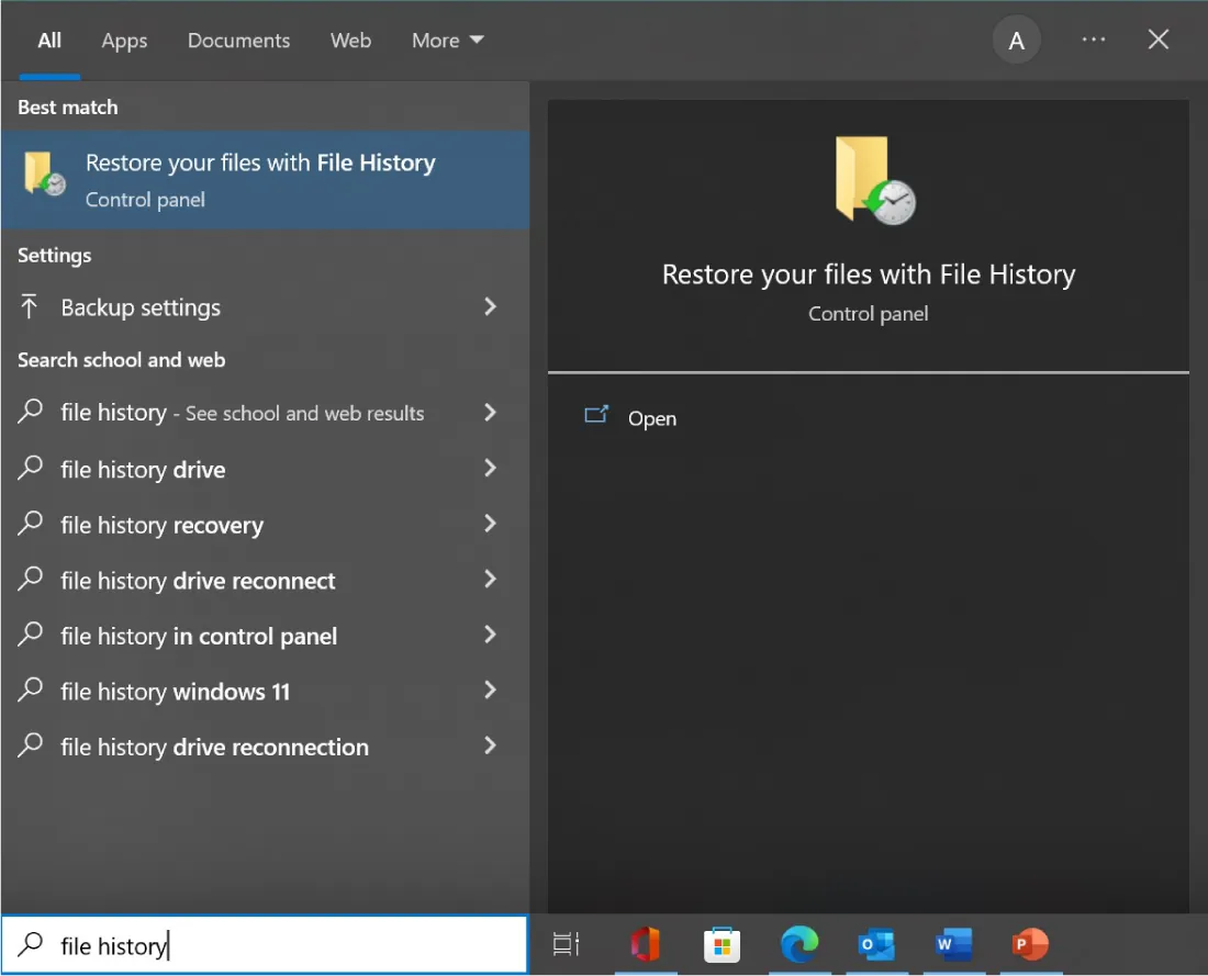 All tab selected. Restore your files with File History; Control panel selected. A window displays a folder and clock icon and Restore your files with File History; Control panel and Open.
