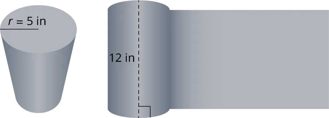 Two views of a right cylinder. The first view shows the top view of the right cylinder. The radius is marked r equals 5 inches. The second view shows the front view of the right cylinder. The height of the cylinder is labeled 12 inches.