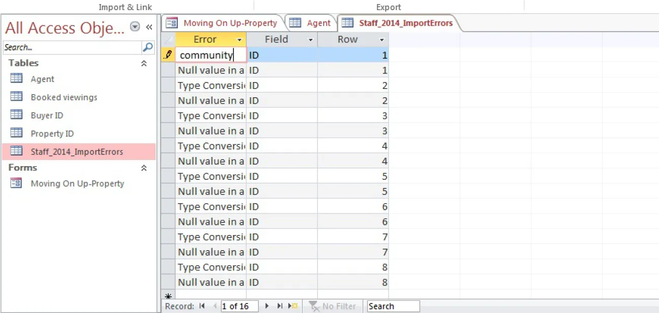 All Access sidebar visible with Staff_2014_ImportErrors selected in Tables. File open at right lists columns of information detailing errors.