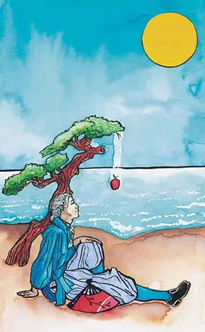 A painting shows a man sitting under a tree, from which an apple is falling.