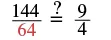 A mathematical equation shows two fractions, 144/64 and 9/4, with a question mark and an equals sign between them, asking if they are equivalent. The denominator 64 is in red.