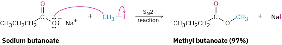 A curly arrow S N 2 mechanism for the reaction of sodium butanoate and methyl iodide, giving methyl butanoate (ninety-seven percent) and sodium iodide.