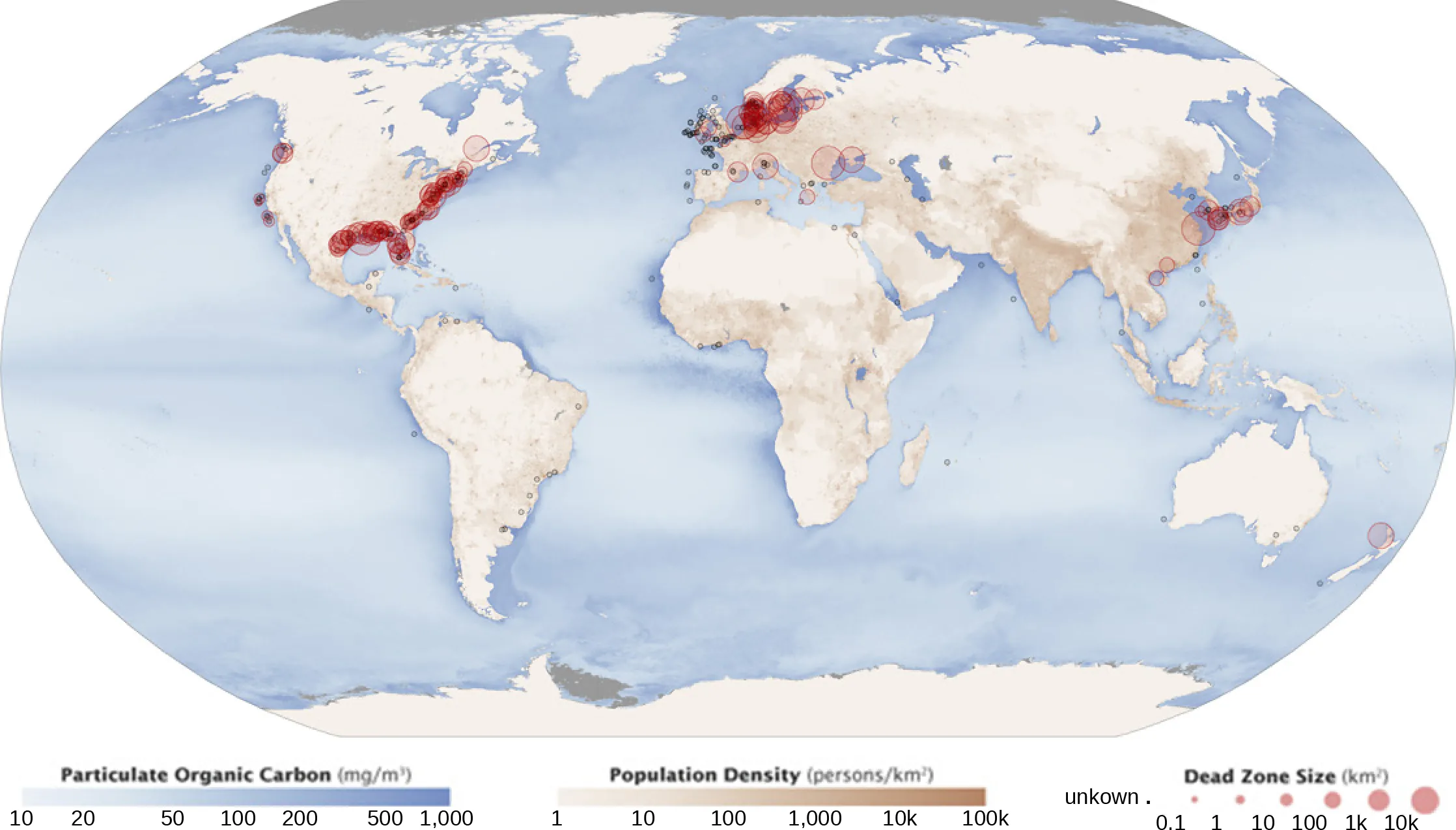 World map shows areas where dead zones occur. Dead zones are present along the eastern and western shore of the United States, in the North and Mediterranean Seas and off the east coast of Asia.