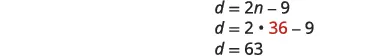 A mathematical calculation is shown on a white background, starting with the equation d = 2n - 9. This is followed by d = 2 multiplied by 36 (where 36 is highlighted in red) minus 9. The final line shows the result as d = 63.