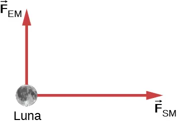 La figura muestra un círculo marcado como luna. Una flecha desde este apunta hacia arriba, y está marcada con F subíndice EM. Otra flecha desde este, que apunta a la derecha, está marcada con F subíndice SM.