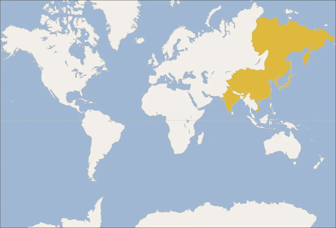 This locator map shows the world. Highlighted regions include northeastern Russia, India, China, Korea, and Japan.