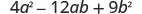 A mathematical expression showing the quadratic trinomial 4a^2 - 12ab + 9b^2, which is a perfect square equivalent to (2a - 3b)^2.