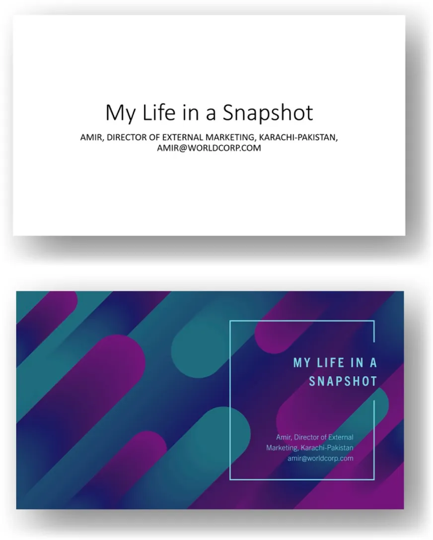 The top image displays a page with plain, black text on a white background. The second image is the same text in an artistic layout with a multi colored background.