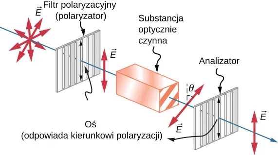 Figura przedstawia początkowo niespolaryzowany promień światła, który przechodzi przez trzy elementy optyczne. Pierwszym jest filtr polaryzacyjny, dzięki któremu wektor elektryczny fali po wyjściu z filtra ma kierunek pionowy. Następnym elementem jest blok opisany jako substancja optycznie czynna. Wektor elektryczny po przejściu przez blok jest obrócony o kąt teta względem pionu. Ostatnim elementem jest polaryzator oznaczony jako analizator. Wektor elektryczny jest ostatecznie spolaryzowany pionowo.