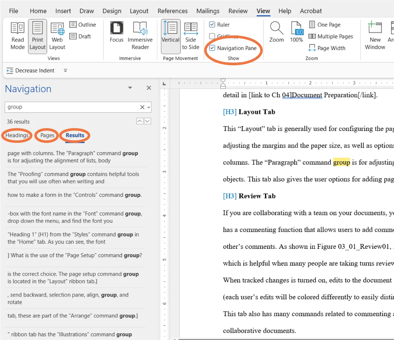 Navigation Pane selected (Show command group/View tab). Navigation pane offers tabs: Headings, Pages, Results. “group” typed in Search. Results displays sentences with word “group” highlighted. Document with “group” highlighted in yellow displays.