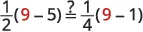 A mathematical equation asking if 1/2(9-5) equals 1/4(9-1). The numbers 9 and 5 in the first parenthesis are highlighted in red, as are 9 and 1 in the second parenthesis.