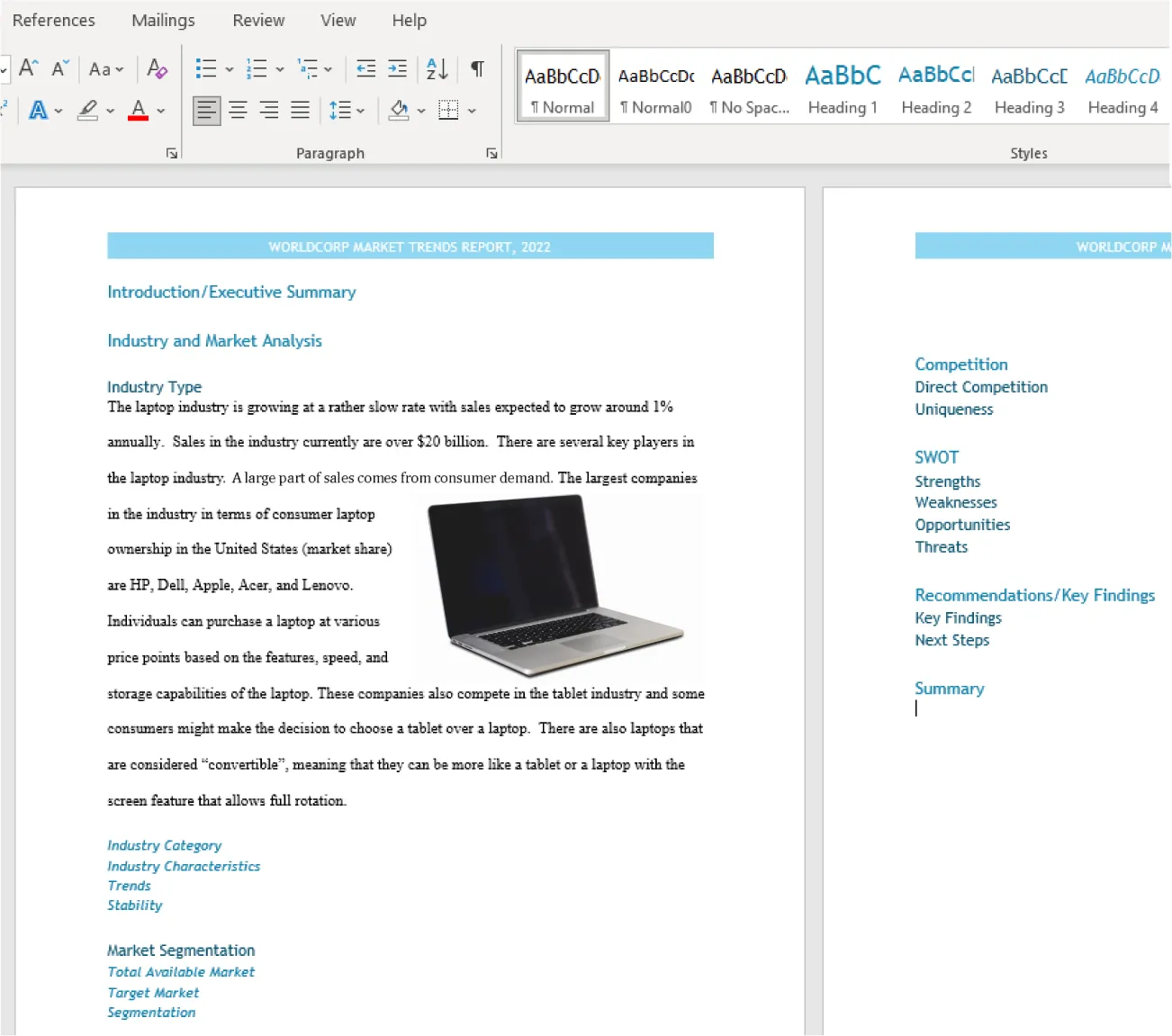 A document displays headings in various font colors and styles.