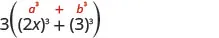 A mathematical expression 3((2x)^3 + (3)^3) is shown, with a red hint 'a^3 + b^3' above the sum of cubes, indicating the formula for the sum of two cubes.