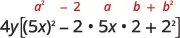 A mathematical expression showing the expansion of a perfect square trinomial inside brackets, specifically 4y[(5x)^2 - 2 * 5x * 2 + 2^2], with a^2 - 2ab + b^2 annotated in red above it.