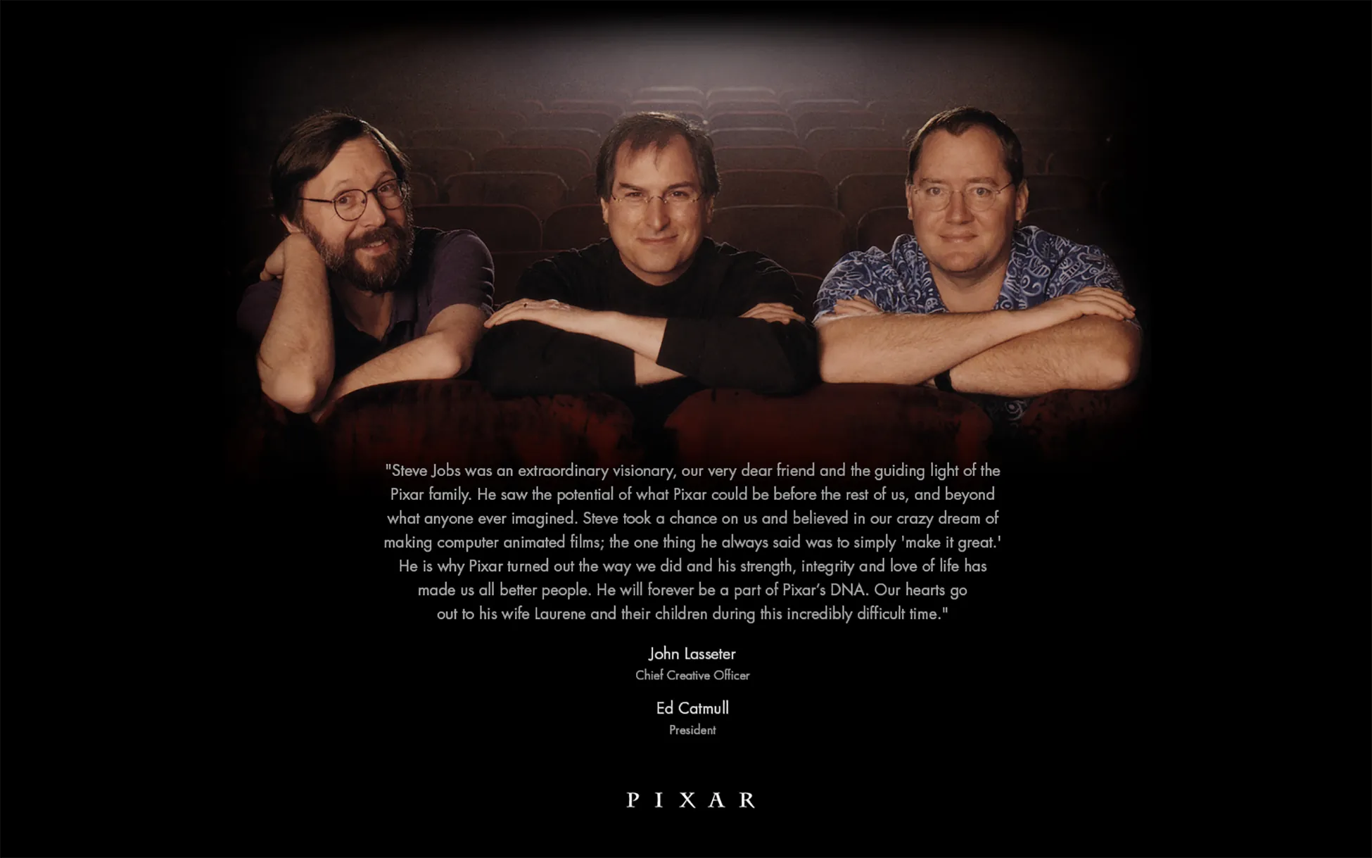 A heartfelt tribute to Steve Jobs from John Lasseter and Ed Catmull, celebrating his extraordinary vision and legacy at Pixar.