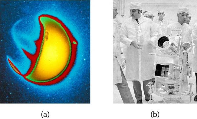 In one photo, (a), a false-color image of Earth appears with a large semi-circular shape covering most of the planet. In the other, (b), a man stands near a special camera speaking other men; all are wearing laboratory coverings.