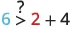 A math problem featuring the inequality '6 > 2 + 4' with a question mark over the greater-than sign, asking if the statement is true. The number 6 is blue and 2 is red.