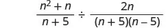 The image displays a mathematical expression: the fraction (n^2 + n) / (n + 5) divided by the fraction 2n / ((n + 5)(n - 5)).