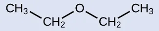 A molecular structure shows a C H subscript 3 group bonded down and to the right to a C H subscript 2 group. The C H subscript 2 group is bonded up and to the right to an O atom. The O atom is bonded down and to the right to a C H subscript 2 group. The C H subscript 2 group is bonded up and to the right to a C H subscript 3 group.