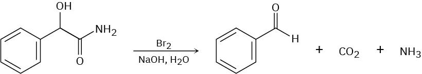 2-Hydroxy-2-phenylacetamide reacts with bromine, sodium hydroxide and water to form benzaldehyde, carbon dioxide and ammonia.