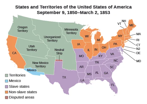 A map shows the states and territories of the United States from September 9, 1850, to March 2, 1853, as well as part of Mexico. States include Maine, New Hampshire, Vermont, Massachusetts, Rhode Island, New York, Connecticut, New Jersey, Pennsylvania, Delaware, Maryland, Virginia, North Carolina, South Carolina, Georgia, Florida, Alabama, Mississippi, Louisiana, Texas (with a “neutral strip” at its northernmost point), Tennessee, Arkansas, Kentucky, Missouri, Iowa, Illinois, Indiana, Ohio, Michigan, and Wisconsin. Territories include Oregon Territory, Unorganized territory, Minnesota Territory, Utah Territory, and New Mexico Territory.