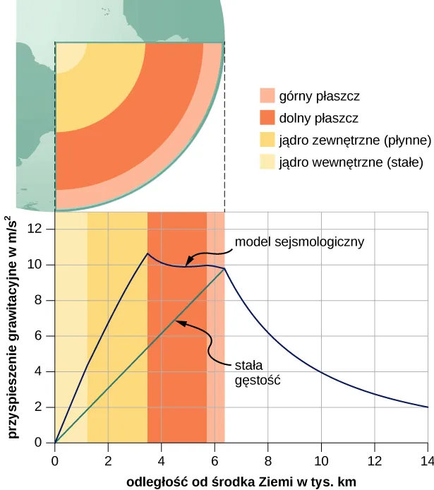 Rysunek przedstawia wycinek Ziemi. Pokazuje kilka warstw wnętrza Ziemi. Legenda opisuje jej warstwy począwszy od powierzchni do wewnątrz. Zaznaczono górny płaszcz w kolorze różowym, dolny płaszcz w kolorze czerwonym, jądro zewnętrzne (płynne) w kolorze pomarańczowym i jądro wewnętrzne (stałe) w kolorze żółtobrązowym. Górny płaszcz jest znacznie cieńszy niż dolny płaszcz i jądro zewnętrzne, które są w przybliżeniu tej samej grubości, a długość promienia jądra wewnętrznego jest większa niż grubość warstwy górnego płaszcza, ale mniejsza niż grubość jądra zewnętrznego. Poniżej tej ilustracji przedstawiono wykres przyspieszenia w metrach na sekundę do kwadratu jako funkcję promienia w tysiącach kilometrów. Skala pionowa jest w zakresie od 0 do 12 metrów na sekundę do kwadratu, a zakres skali poziomej wynosi od 0 do 14 tysięcy kilometrów. Pionowe słupki o takiej samej kolorystyce jak ilustracja Ziemi są wyrównane do powyższego rysunku Ziemi. Jądro wewnętrzne rozciąga się od 0 do nieco ponad 1000 km. Jądro zewnętrzne rozciąga się do nieco poniżej 4000 km. Dolny płaszcz rozciąga się do prawie 6000 km. Górny płaszcz rozciąga się do ponad 6000 km. Niebieska krzywa oznaczona 'model sejsmologiczny', zaczyna się od środka i wzrasta prawie liniowo do ponad 10 metrów na sekundę do kwadratu na zewnętrznej krawędzi jądra zewnętrznego. Krzywa następnie zmniejsza się do poniżej 10 przy zewnętrznej krawędzi górnego płaszcza. Krzywa następnie maleje szybciej, ale jej nachylenie maleje z promieniem. Druga zielona krzywa jest oznaczona 'stała gęstość'. Jest to linia prosta od początku wykresu do punktu o promieniu ponad 6000 km (powierzchni Ziemi) i wartości przyspieszenia wynoszącej niecałe 10 (taka sama wartość jak dla krzywej niebieskiej na powierzchni Ziemi) 