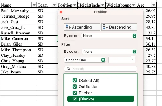 A screenshot of the Filter by Position menu in MS Excel is popped up over a dataset. It has options to sort Ascending or Descending. The filter menu has four items with green check marks: Select All, Outfielder, Pitcher, and Blanks.