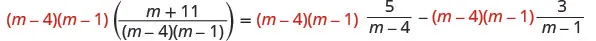 An algebraic equation demonstrates multiplying both sides by (m-4)(m-1) to clear denominators, simplifying the rational expression (m+11)/((m-4)(m-1)) and the terms 5/(m-4) and 3/(m-1).