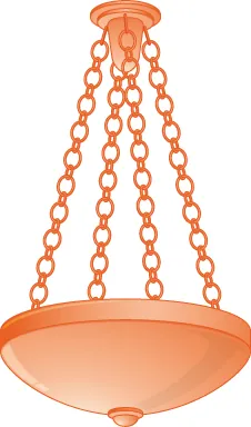 Esta figura muestra un aparato de iluminación colgado del techo, sostenido por 4 cadenas desde el mismo punto del techo hasta cuatro puntos repartidos uniformemente alrededor del aparato.