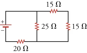 A circuit diagram featuring a voltage source and four resistors: 20 Ohm in series, and a parallel combination of 25 Ohm and two 15 Ohm resistors in the remaining branch.