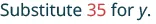 The text reads 'Substitute 35 for y.' with the number 35 highlighted in red.