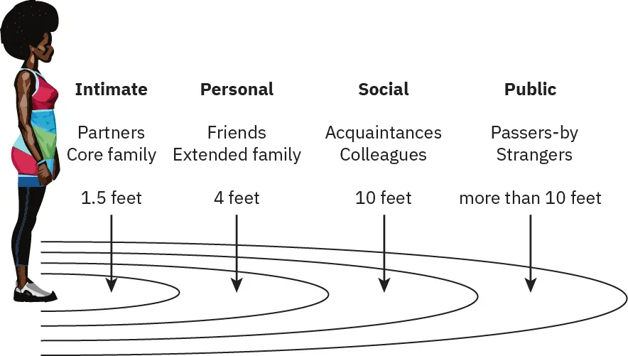 Woman standing at the center of four concentric semi-circles; innermost circle labeled Intimate, partners, core family, 1.5 feet; next circle labeled Personal, friends, extended family, 4 feet; third circle labeled Social, acquaintances, colleagues, 10 feet; last circle labeled Public, passers-by, strangers, more than 10 feet.