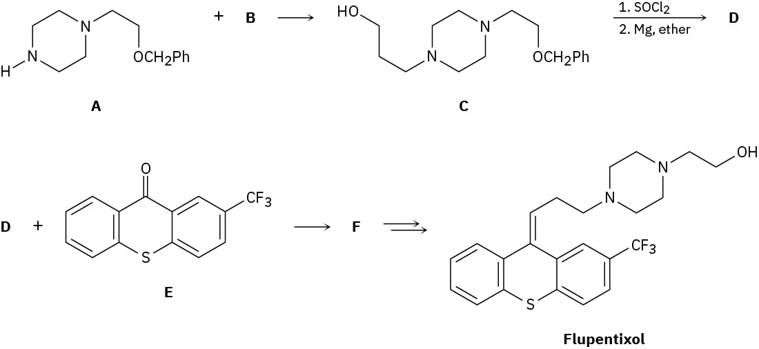 Compound A undergoes a multi-step reaction to produce Flupentixol through the formation of intermediate compounds B, C, D, and E.