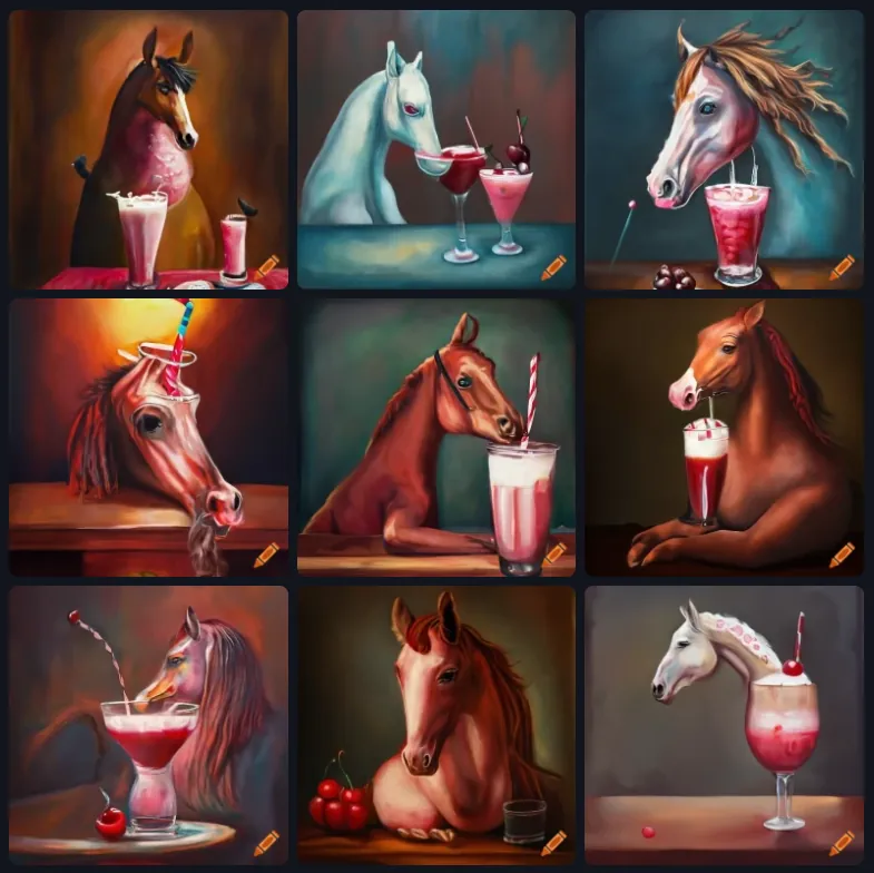 A grid of nine images created by artificial intelligence of a horse drinking a cocktail. Each is in a slightly different style.