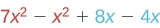 A mathematical expression displaying algebraic terms: 7x^2 - x^2 + 8x - 4x. The terms are color-coded, with x^2 terms in red and x terms in blue, to highlight like terms for simplification.