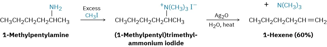 1-Methylpentylamine reacts with excess methyl iodide to form (1-methylpentyl)trimethyl-ammonium iodide. This reacts with silver oxide and water to form 1-hexene with 60 percent yield and trimethylamine on heating.