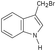 The structure of an indole comprises a benzene ring fused to a cyclopentene, with an N-H group at C 1,  and a bromomethyl group at C 3.