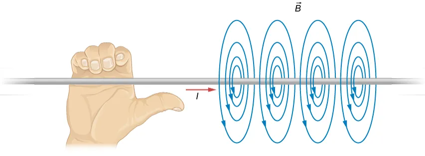 Rysunek demonstruje regułę prawej ręki. Przewód obejmowany jest przez prawą rękę tak, że kciuk skierowany jest wzdłuż kierunku przepływu prądu. Palce obejmują przewód w taki sam sposób jak pole magnetyczne.