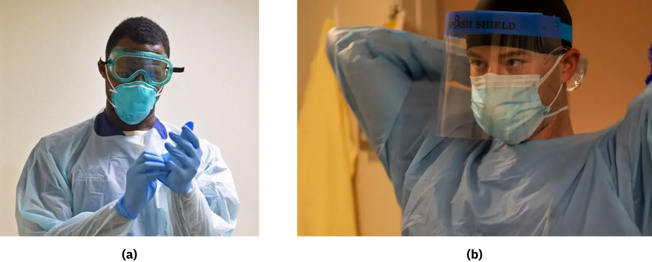 Image (a) shows a healthcare worker wearing protective goggles, while image (b) shows a healthcare worker wearing a face shield.