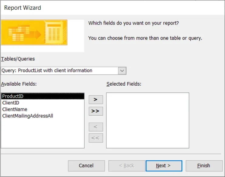 Report Wizard pane reads: Which fields do you want on your report? Selections include Table/Queries (Query: ProductList with client information), Available Fields (ProductID), Selected Fields (blank). Arrows visible between Fields panes.