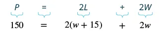 Perimeter formula P = 2L + 2W applied to a problem, substituting P=150, L=(w+15), and W=w to form the equation 150 = 2(w + 15) + 2w.