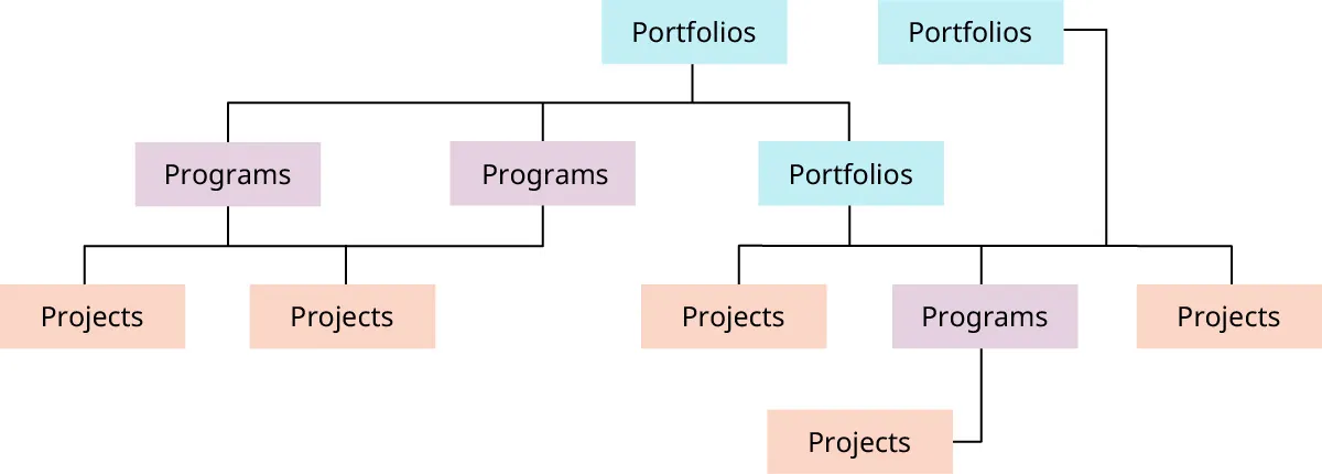 Hierarchy chart with Portfolio at top and three levels underneath labeled with various Portfolios, Projects, Programs, and Other Work.
