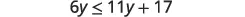 A mathematical inequality is shown, displaying the expression '6y <= 11y + 17' on a white background. This inequality involves a variable 'y' and integers.
