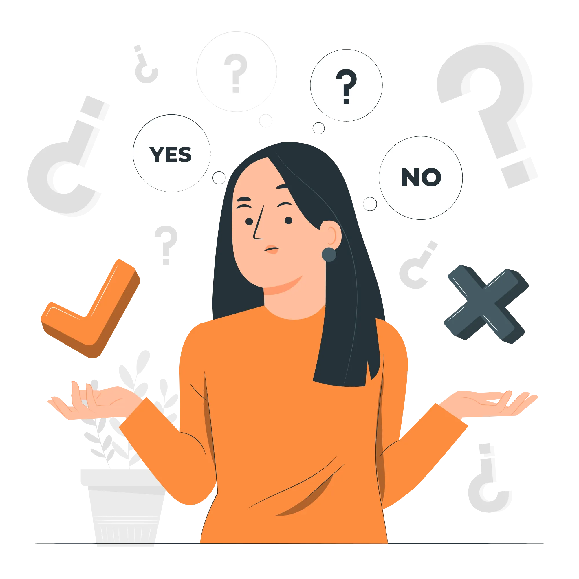 A woman with long dark hair wearing an orange shirt shrugs with uncertainty, surrounded by question marks, check marks, crosses, and YES and NO bubbles, conveying confusion or indecision.