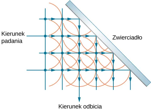 Na rysunku widać regularną siatkę złożoną z czterech poziomych, równoległych, równo rozstawionych promieni światła, które padają na lustro obrócone pod kątem 45 stopni do kierunku padania promieni. Promienie zostają odbite pionowo w dół. Narysowane są też dwa dodatkowe promienie odbite od niewidocznej, górnej części lustra. W miejscach przecięcia promieni padających i odbitych narysowano kropki. Wokół kropek narysowano półokręgi. Półokręgi skierowane w prawo symbolizują fale wtórne promieni padających, zaś półokręgi skierowane w dół symbolizują fale wtórne promieni odbitych.