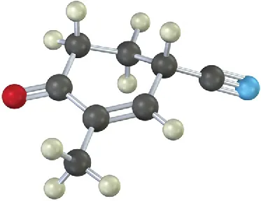 A ball-and-stick model of cyclopentene with carbonyl, methyl and cyano group.