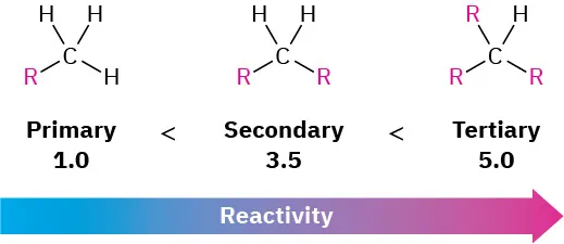 The structures and reactivity order of carbons in alkyl chains, where secondary and tertiary carbons are 3.5 and 5 times as reactive as primary carbons, respectively.